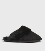 New Look Black Diamante Faux Fur Mule Slippers